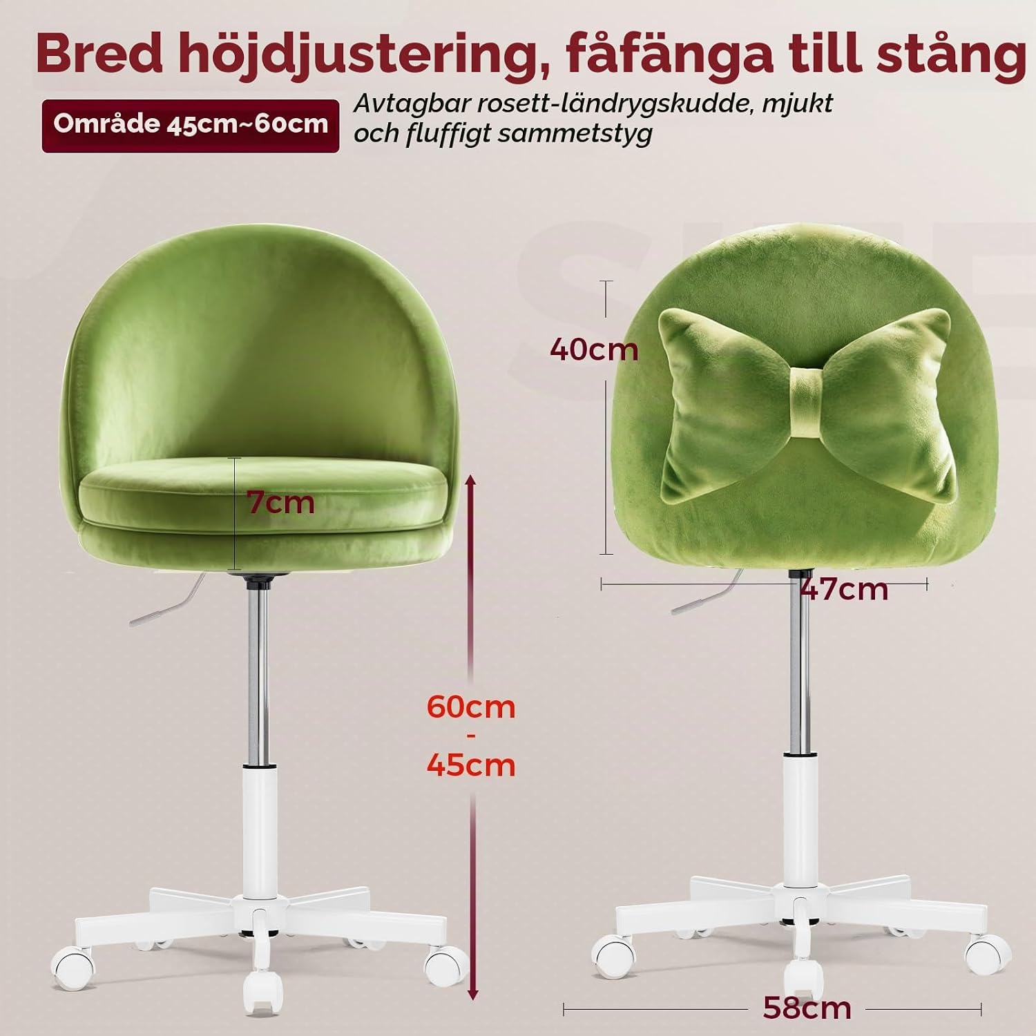 Detalle 2 de COMHOMA CH710-BE kontorsstol i grön sammet, höjdjusterbar och utan armstöd