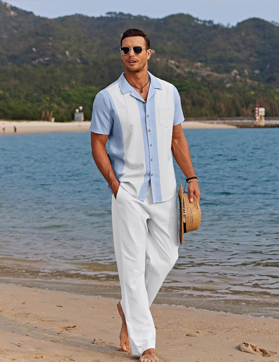 Detalle de COOFANDY Men 2 Piece Linen Outfit: Beachy Button-Down Shirt and Loose Pant Set
