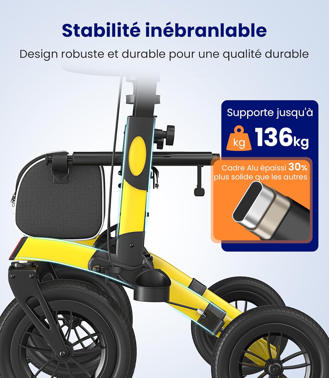 Detalle de VOCIC Déambulateur 4 roues pliable léger avec siège et panier – aluminium ajustable, jaune