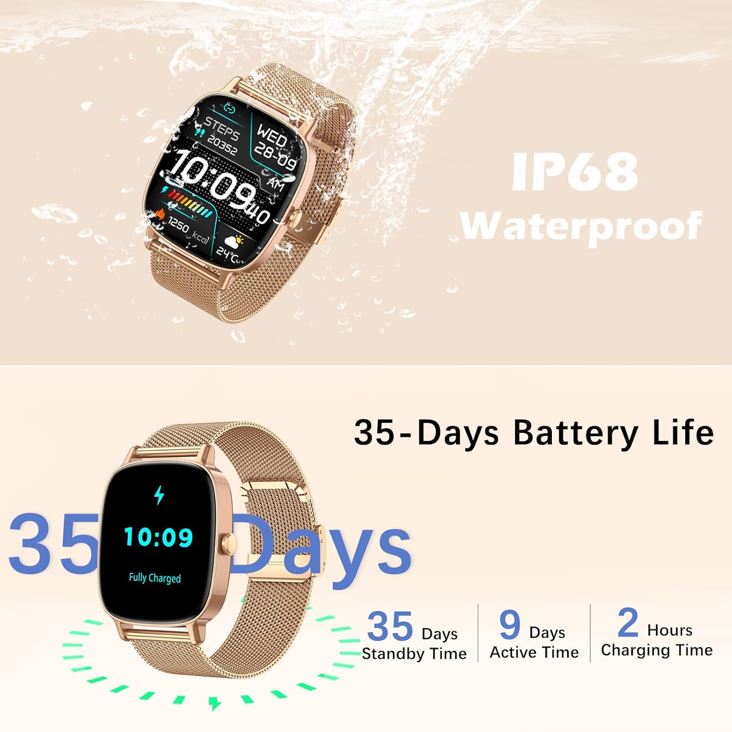 Thumbnail 6 de Gold women’s smartwatch with 1.85" HD touchscreen, call answering and IP68 water resistance