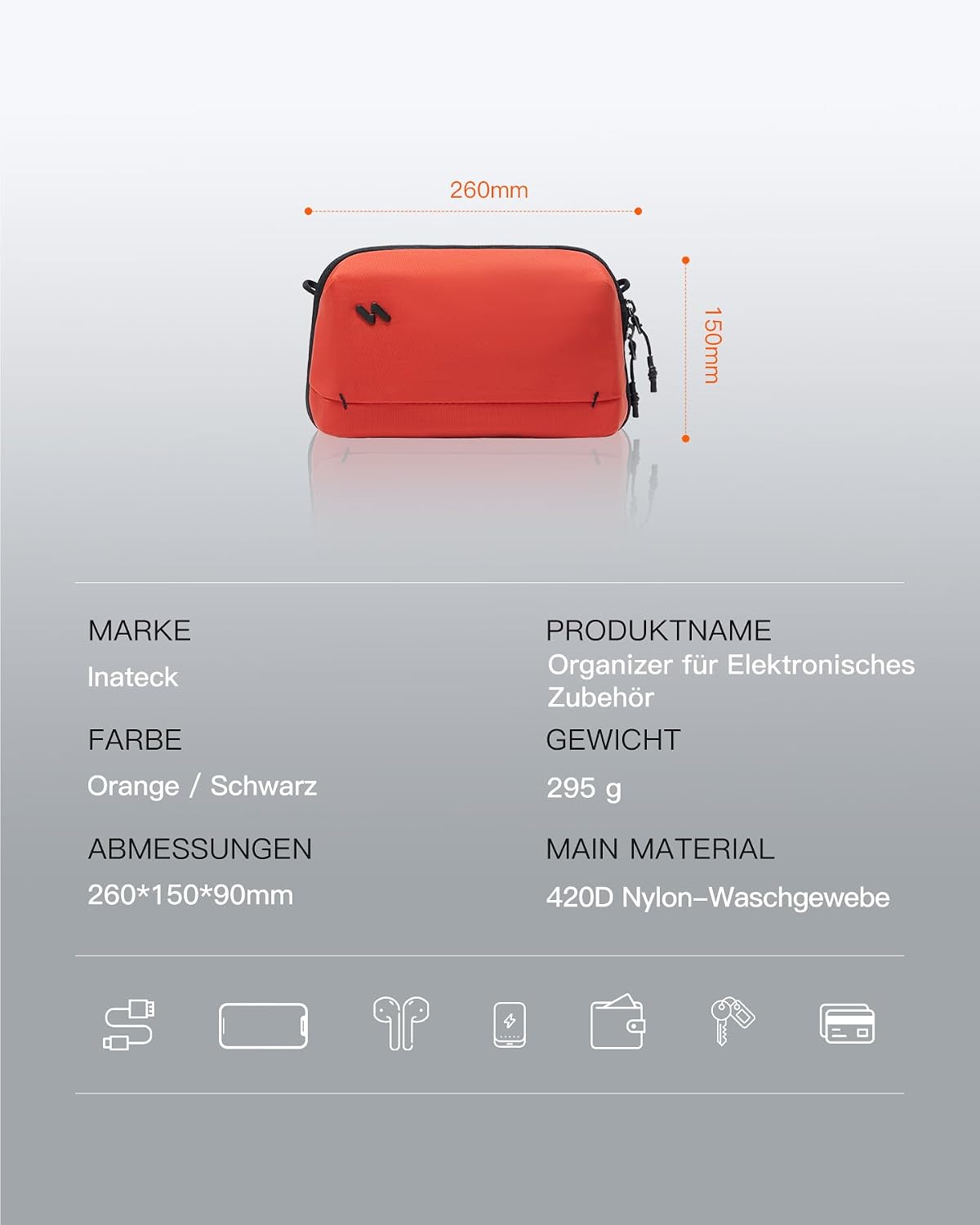 Detalle 2 de Inateck praktischer Organizer für elektronisches Zubehör – spritzwasserresistente Reisetasche mit vielen Fächern