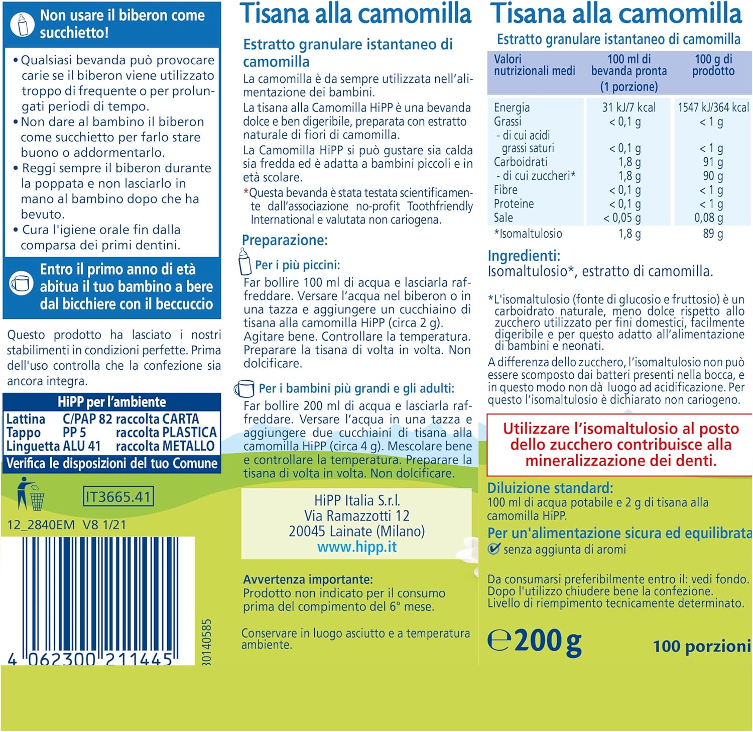 Detalle de HiPP Tisana alla Camomilla Solubile: Estratto Granulare Istantaneo con Isomaltulosio, 6 Confezioni da 200 g