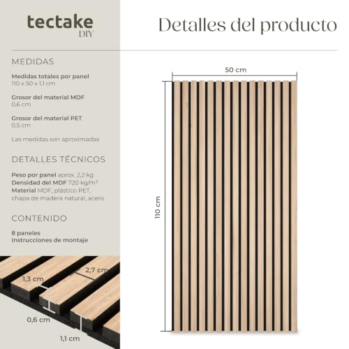 Detalle de tectake Paneles Acústicos 110x50 cm - Madera auténtica, 3D y cortables (8 uds)