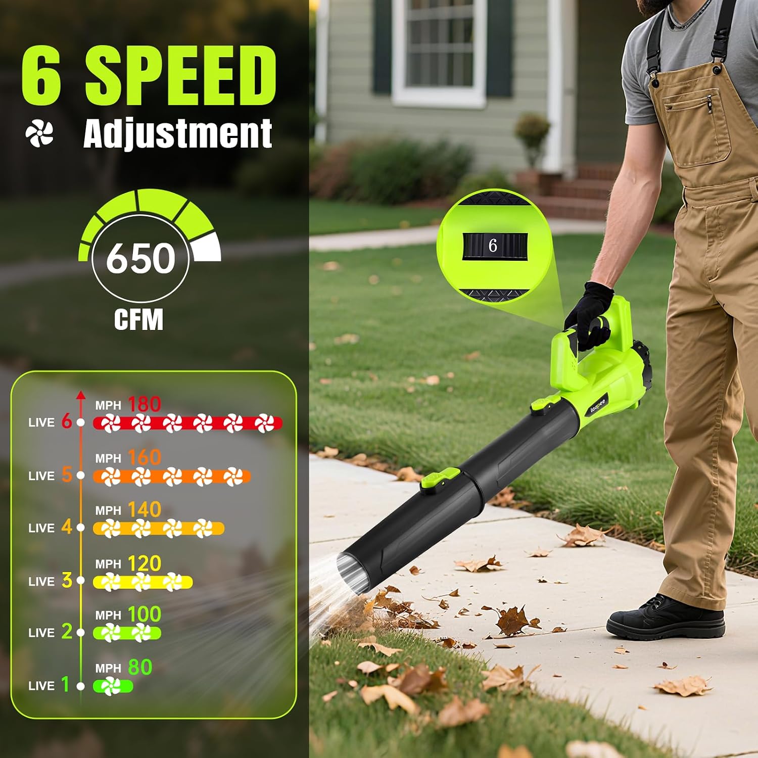 Detalle de laapee BF868 Cordless Leaf Blower, 650 CFM, 6 Speeds, Two 4.0Ah Batteries