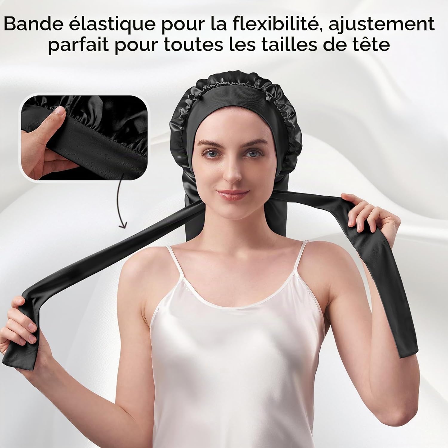 Detalle 2 de Umisleep Bonnet de Nuit 22 Momme en Soie de Mûrier – Double Face, Large, pour Cheveux Volumineux