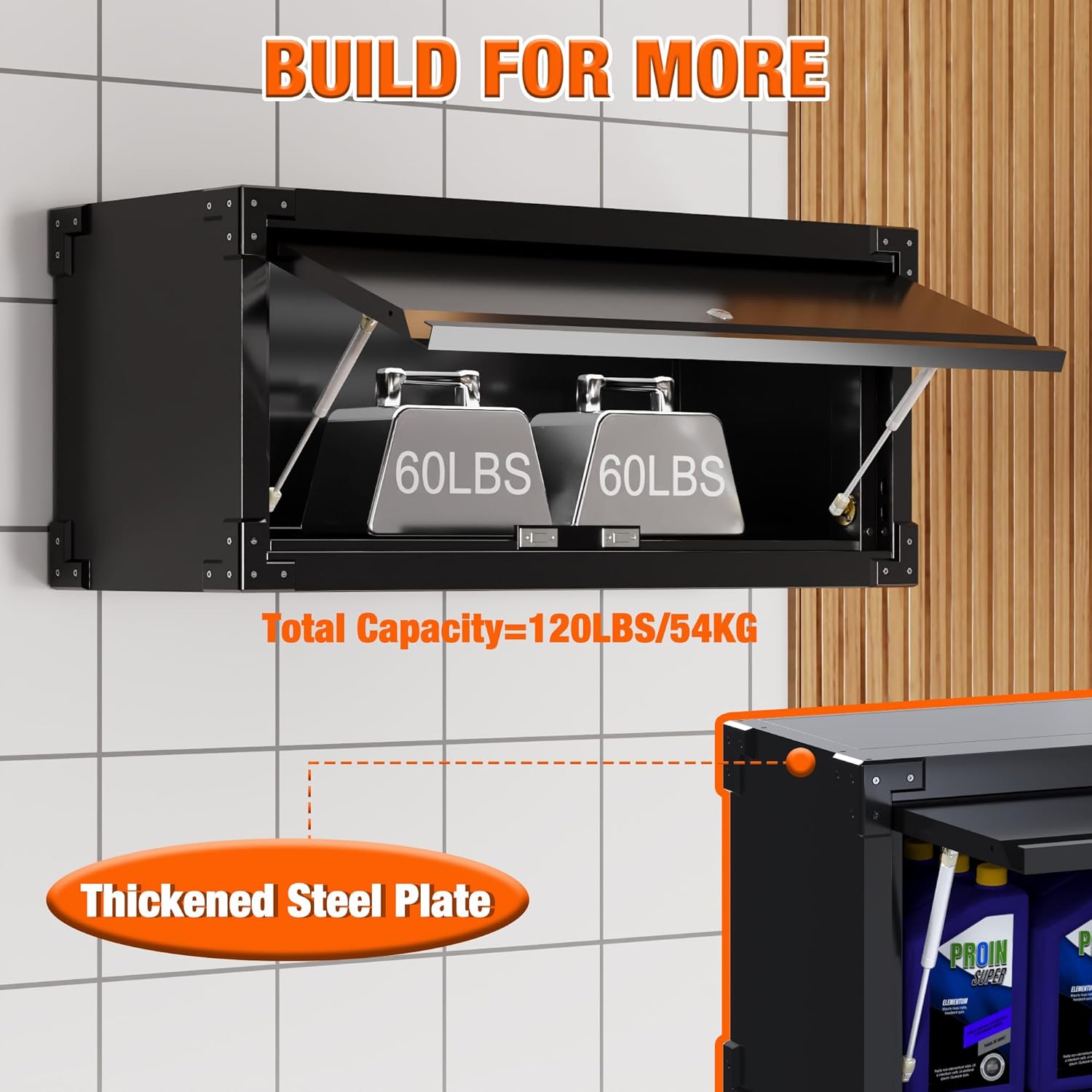Detalle 1 de SUPEER Hängeschrank aus Metall mit abschließbarer Klapptür (Edelstahloptik), H38,6 × B80 × T30 cm, schwarz