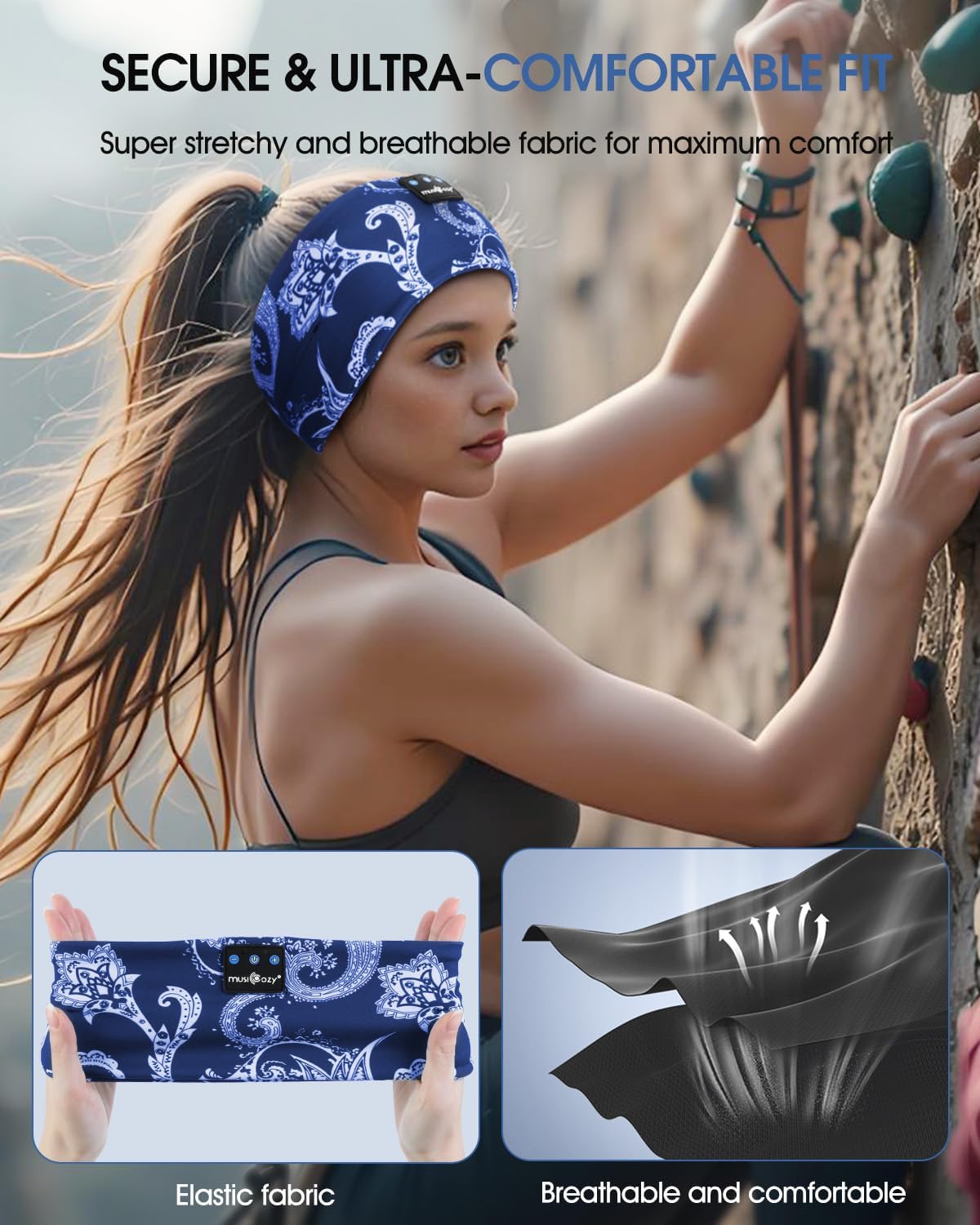 Detalle de MUSICOZY Schlafkopfhörer Bluetooth 5.4 – 4-in-1 Stirnband-Kopfhörer für Schlaf, Sport und unterwegs