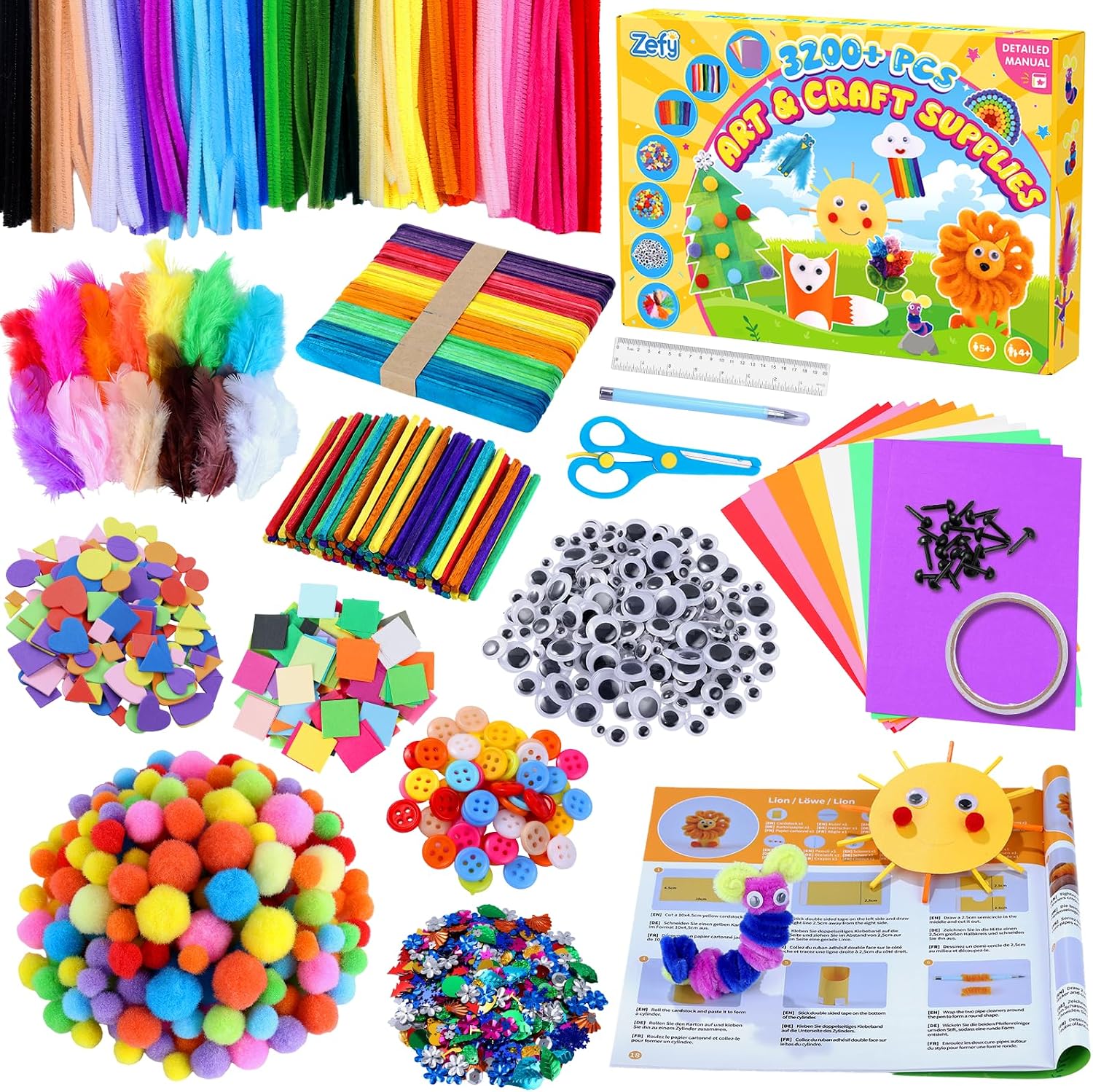 Zefy Kinder-Bastelset „3200+ Stück“ (4–12 Jahre) mit 12 Basteldesigns – Bastelkoffer mit Zubehör