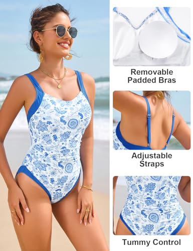 Detalle 2 de Nadeer Bañador Mujer Reductor Barriga — Traje de Baño de Una Pieza con Fruncido y Push Up (Azul con Flores, S)