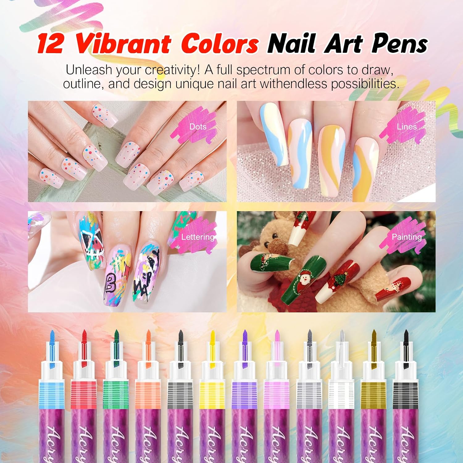 Detalle 2 de MAGIC ARMOR 12 Farben 3D Nagellack-Stift-Set – Nail Art Pen für Linien, Punkte & Graffiti-Designs