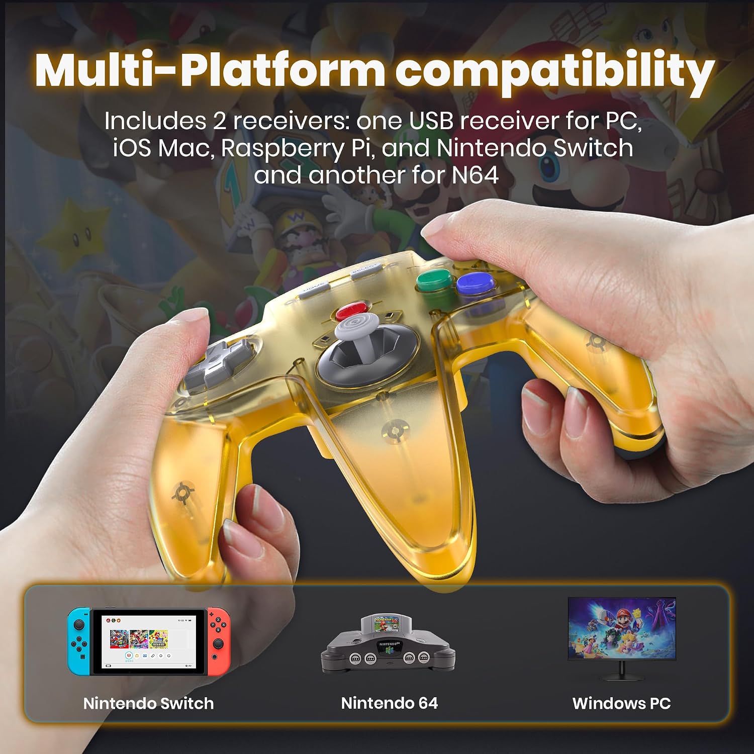 Detalle 2 de miadore 2,4 GHz Wireless N64-Controller für Switch (N64/Switch Online/OLED/Lite) inkl. USB- & N64-Receiver – klar gelb