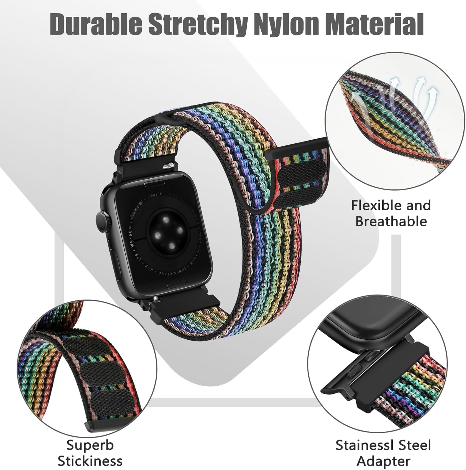 Detalle de Runostrich Nylon Sport Strap for Apple Watch (49mm–38mm) – 2 Pack, Adjustable Solo Loop