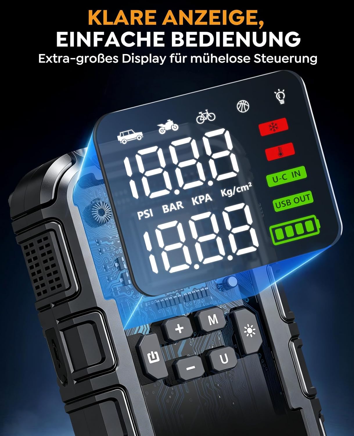 Detalle de 8000A Starthilfe Powerbank mit Kompressor – All-in-One Jump Starter inkl. 600 lm LED und 160 PSI Kompressor