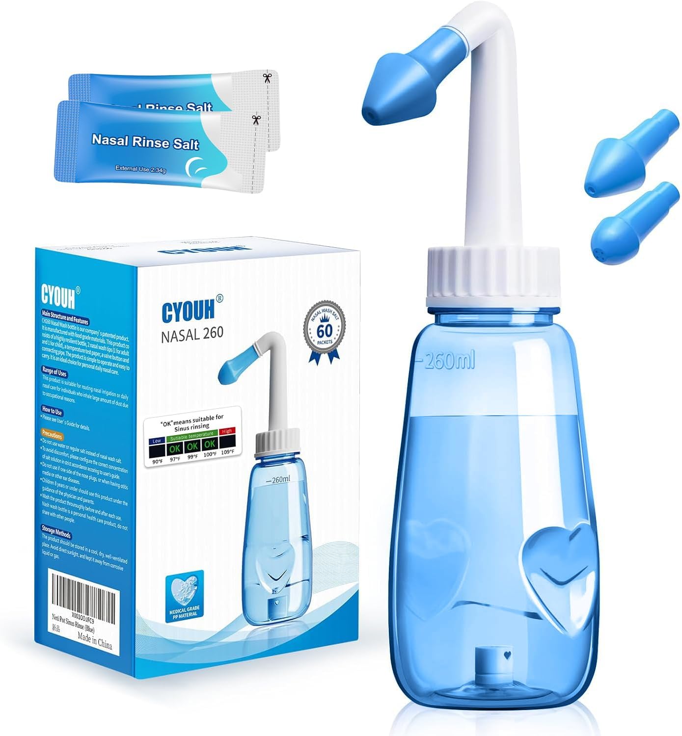 Detalle 2 de CYOUR Nasendusche Set 260 ml – inkl. 60 Nasenwasch-Salzpaketen und Aufkleberthermometer (grün) für eine sanfte Nasenspülung