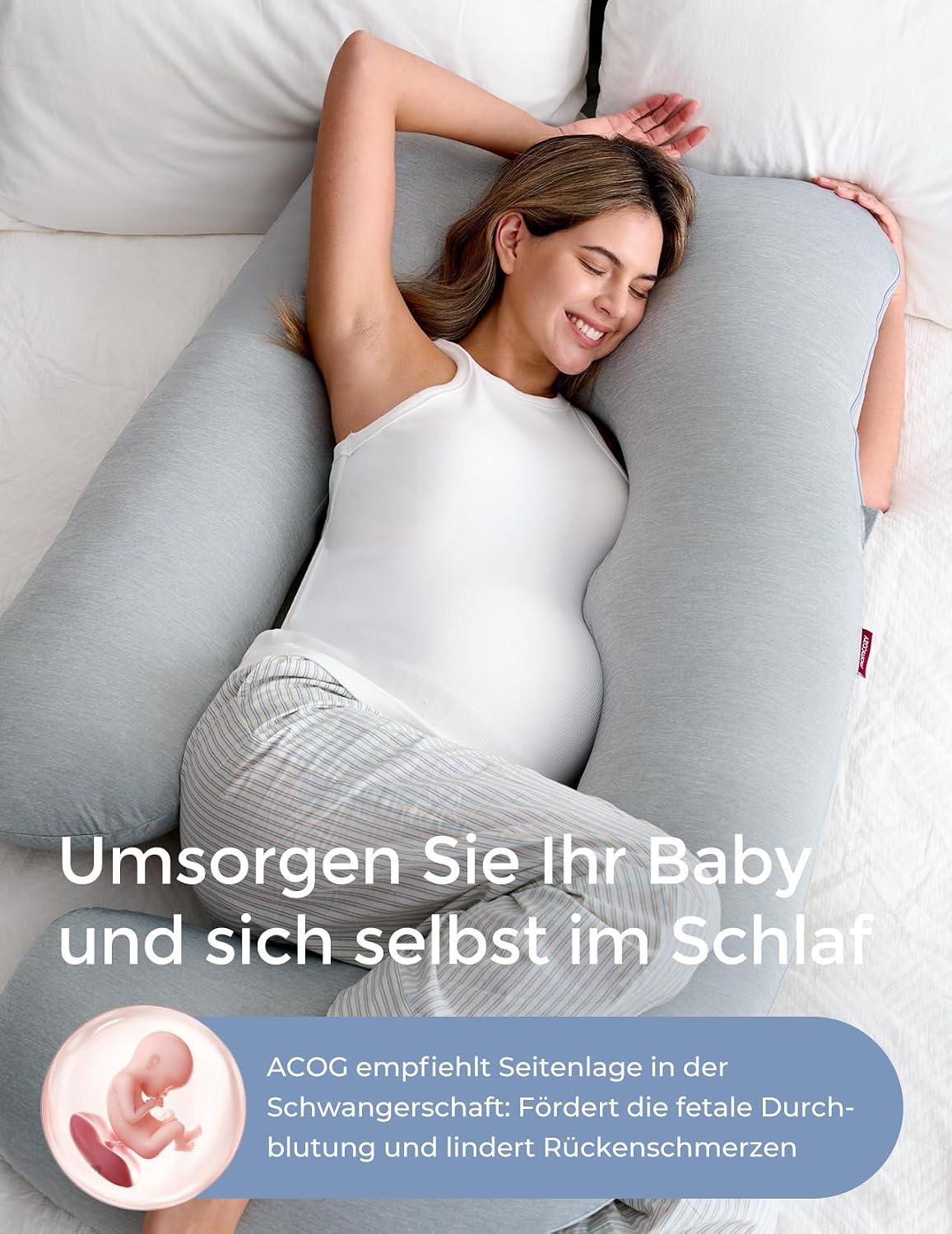 Detalle de Momcozy U‑Form Schwangerschaftskissen 145 cm mit Kühlbezug – seitliche Schlafunterstützung, abnehmbar & waschbar