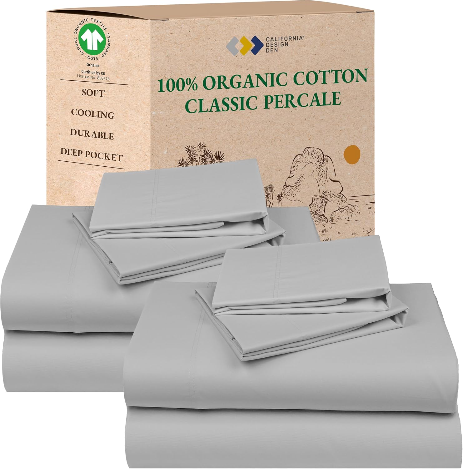 Detalle de California Design Den Pack of 2 Full Size Organic Cotton Percale Bed Sheets Set in Light Grey