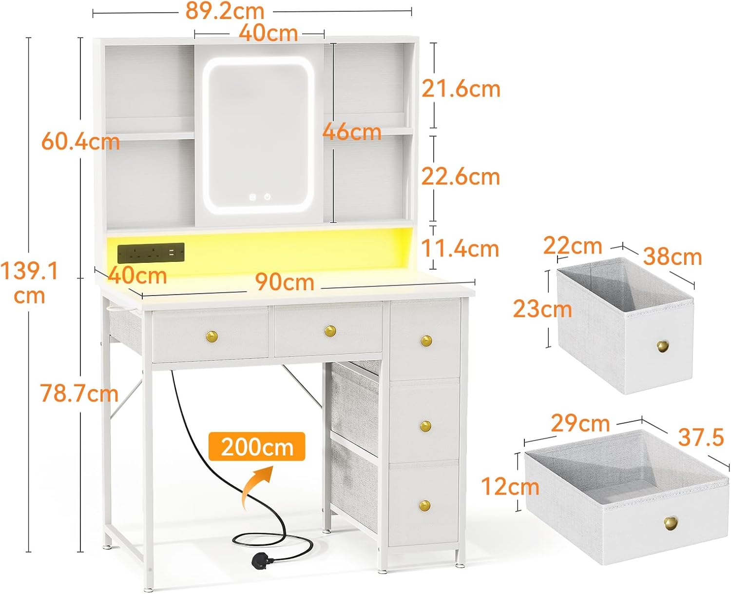 Detalle de ODK dressing table 90x40x139cm with LED mirror