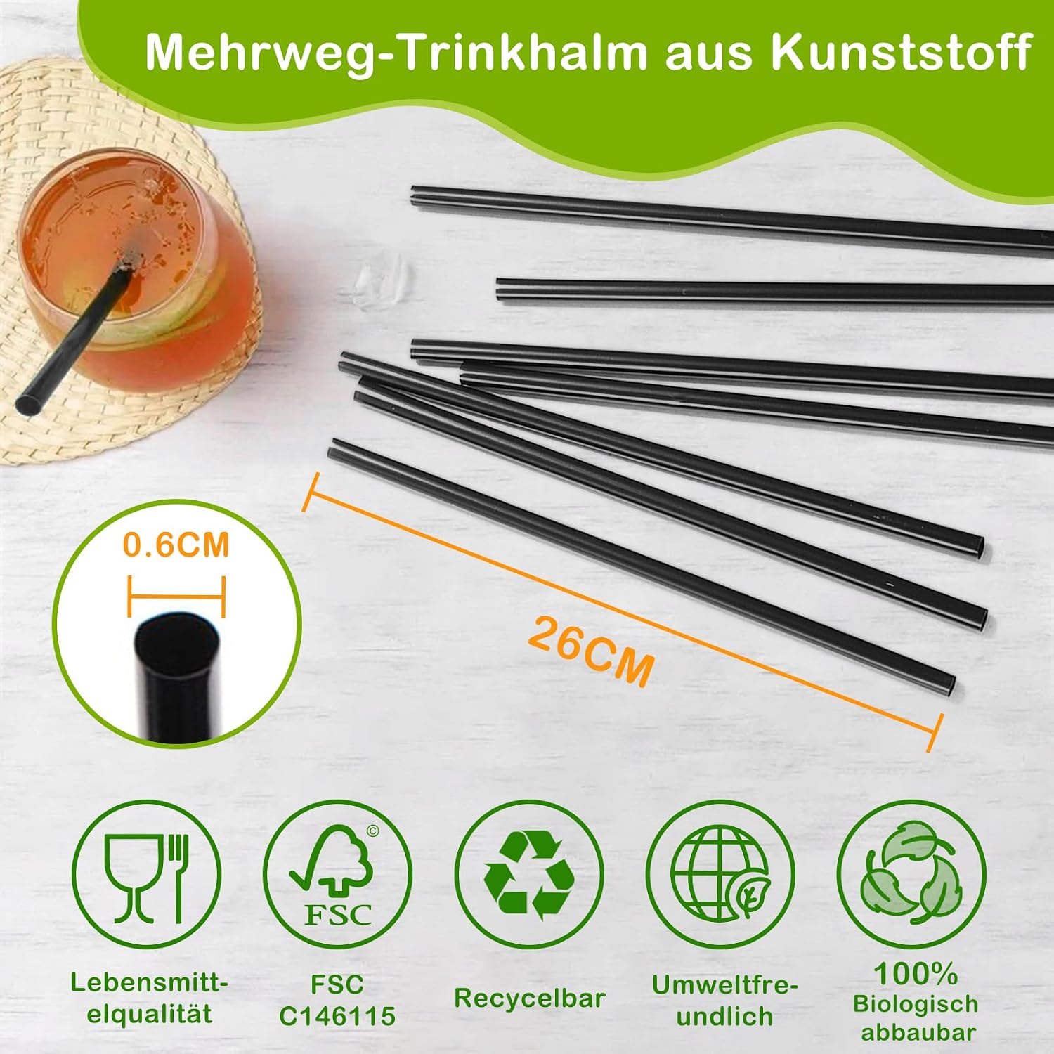 Thumbnail 1 de HomeGarden Wiederverwendbare Schwarze Trinkhalme (100 Stück) – 26 cm × 6 mm, Biologisch Abbaubar & Kompostierbar, BPA-frei, Schwarz