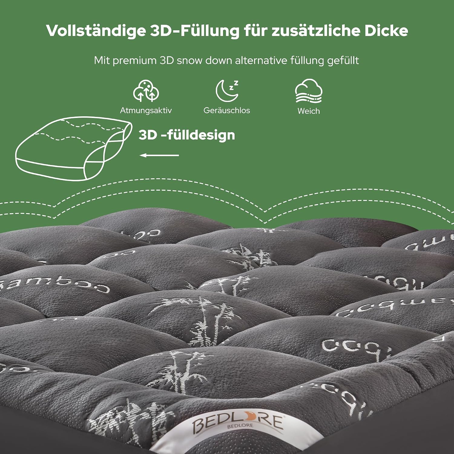 Detalle de BEDLORE Matratzentopper 180x200 cm aus Bambusfaser-Viskose, mit dehnbaren Taschen (40 cm) – Dunkelgrau