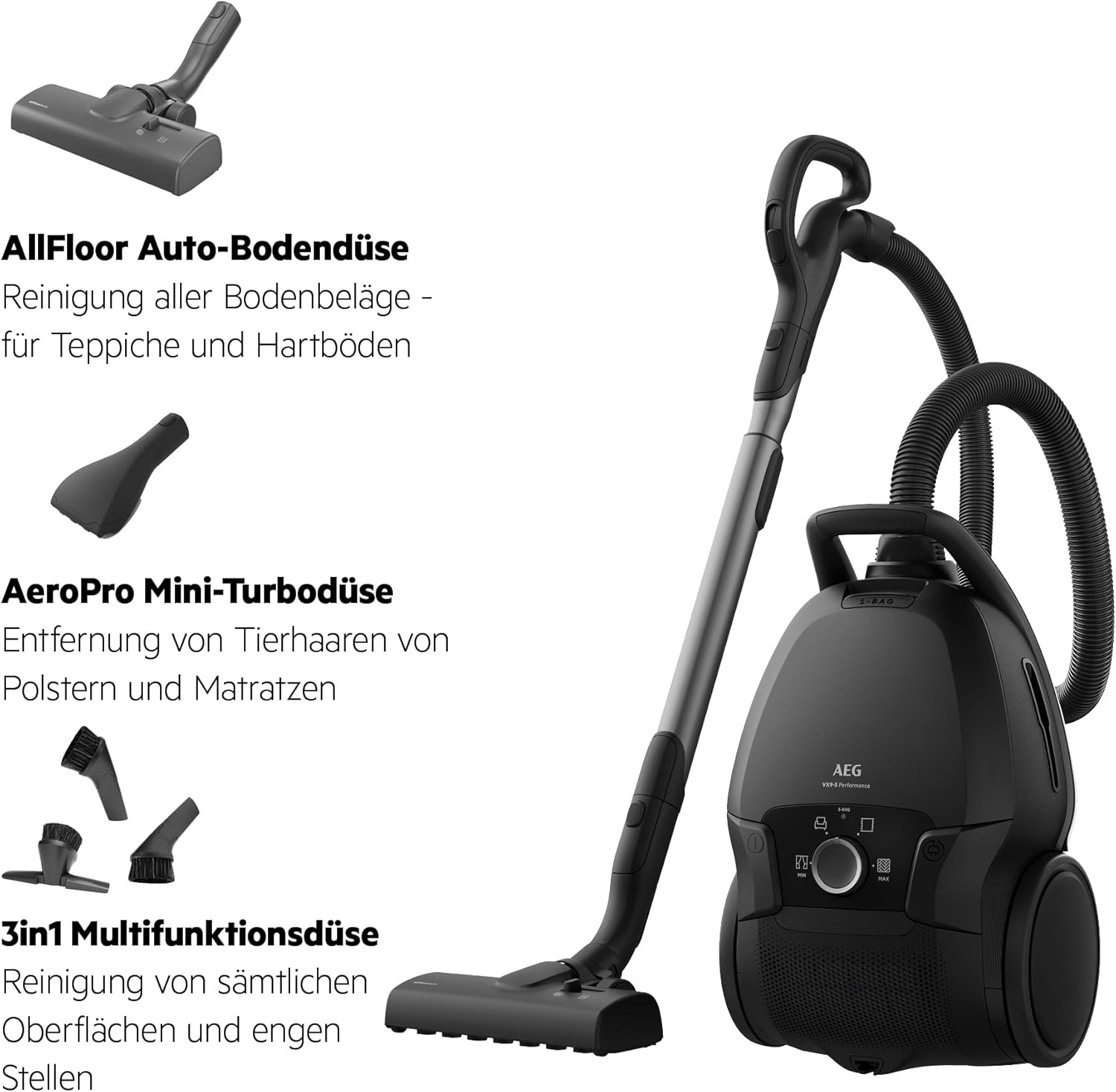 Detalle de AEG Beutelsauger VX9‑5‑EBR mit 69 dB, HEPA‑Filter und Mini‑Turbodüse für Tierhaare