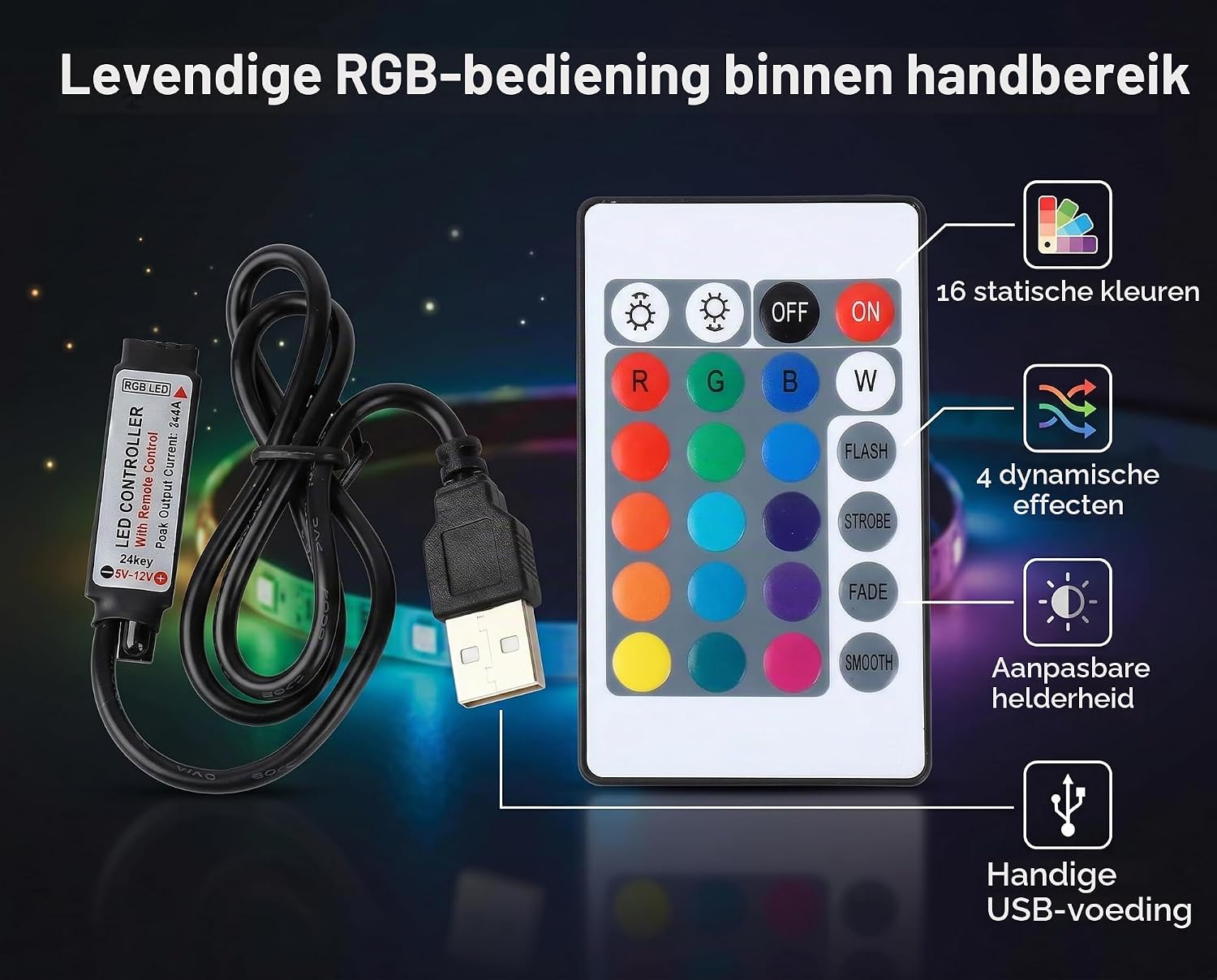 Thumbnail 4 de Akozon Akozonhvk6m0z9ry-01 RGB-ledstripcontroller met 24-toetsenafstandsbediening