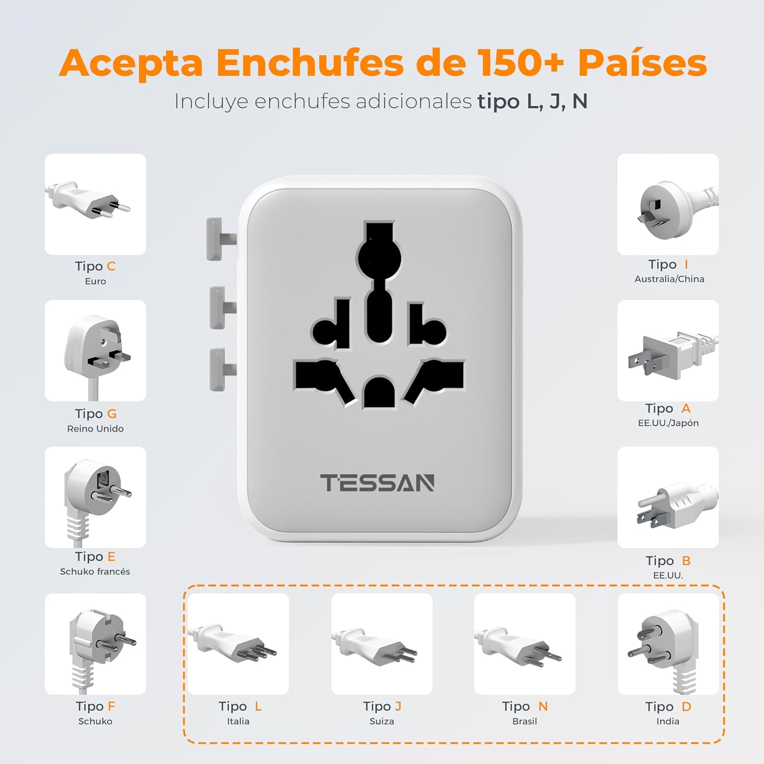 Detalle de TESSAN adaptador de enchufe universal para viaje con 2 USB A y 3 USB C (tipo A, C, G e I) para más de 224 países