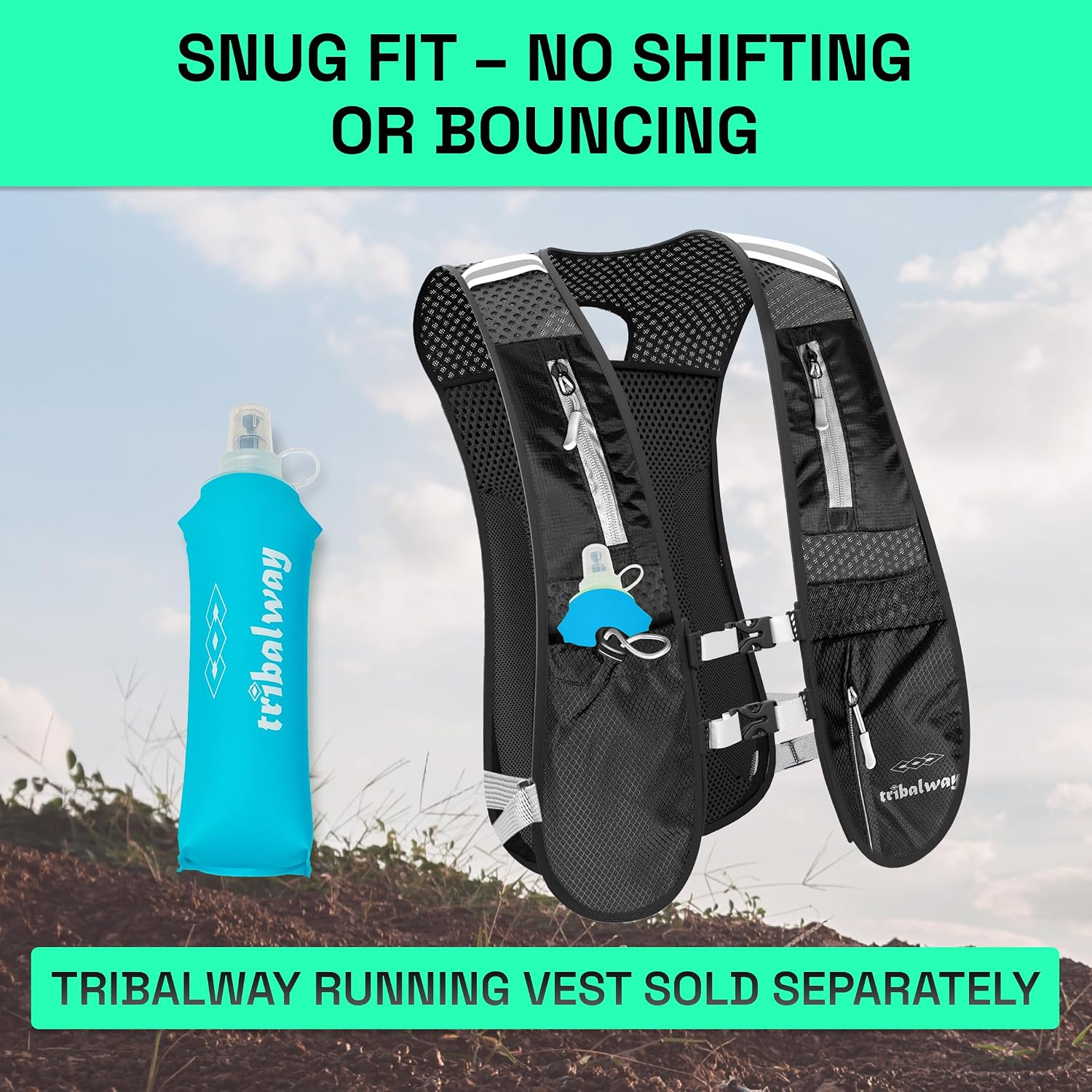 Thumbnail 4 de Tribalway 2 x 500ml Soft Flask water bottles (collapsible, leakproof, BPA-free) – Blue