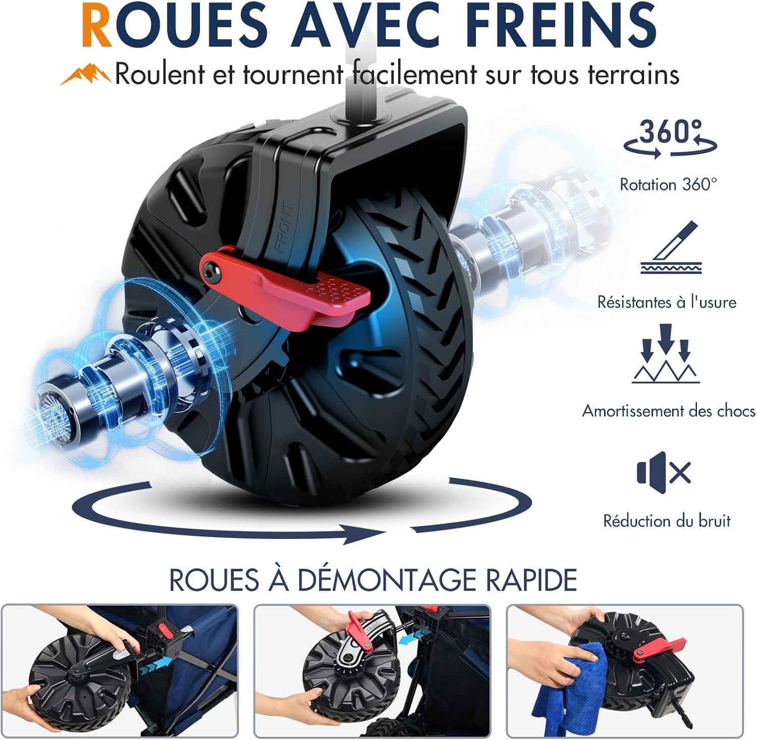 Detalle de PORTAL Chariot de Plage Pliable avec Frein — Chariot Tout Terrain à Roues Amovibles 20 cm