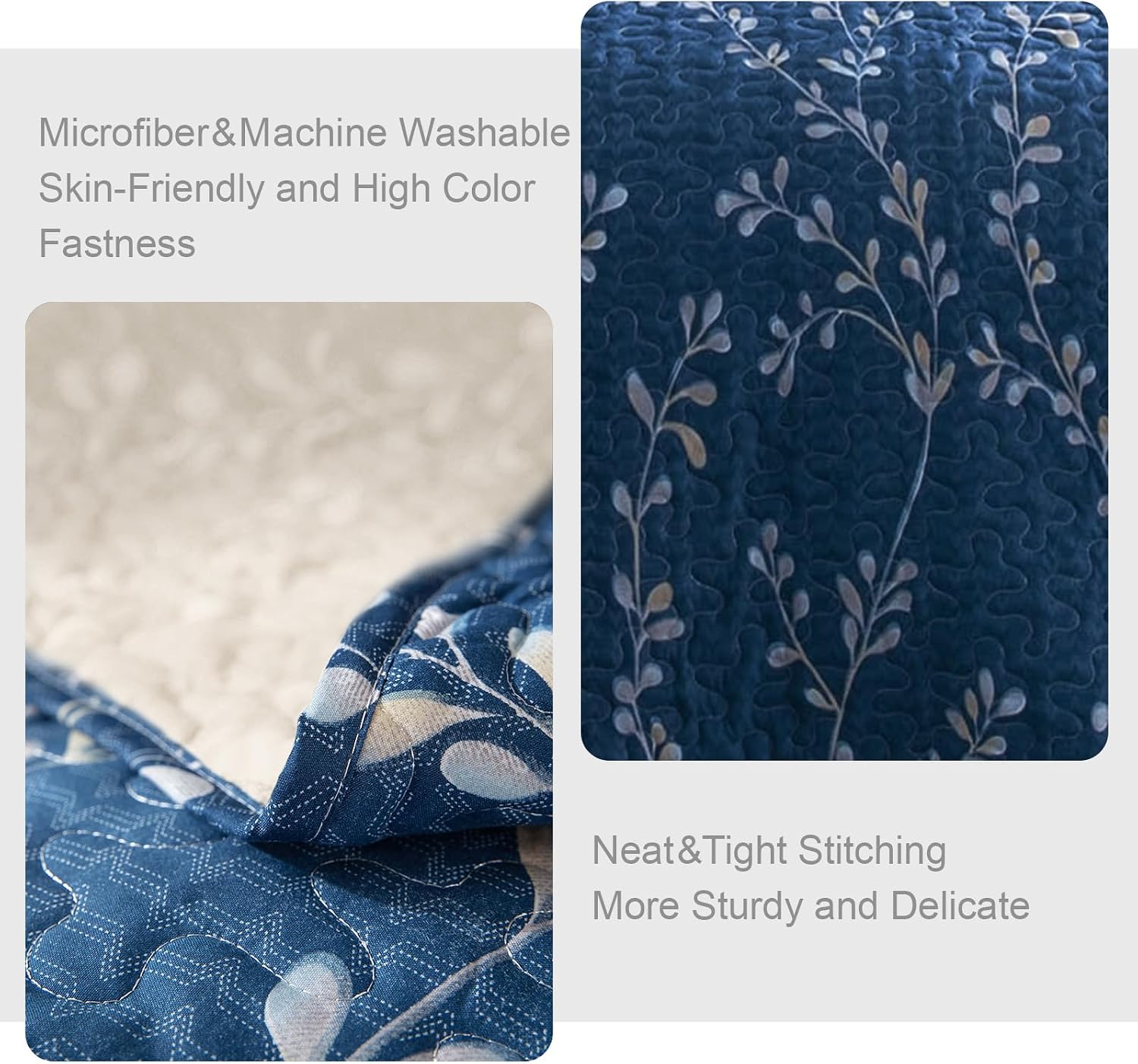 Detalle de Exclusivo Mezcla QS-13-BNAVY-Q Queen Floral Quilt Set, Reversible Microfiber