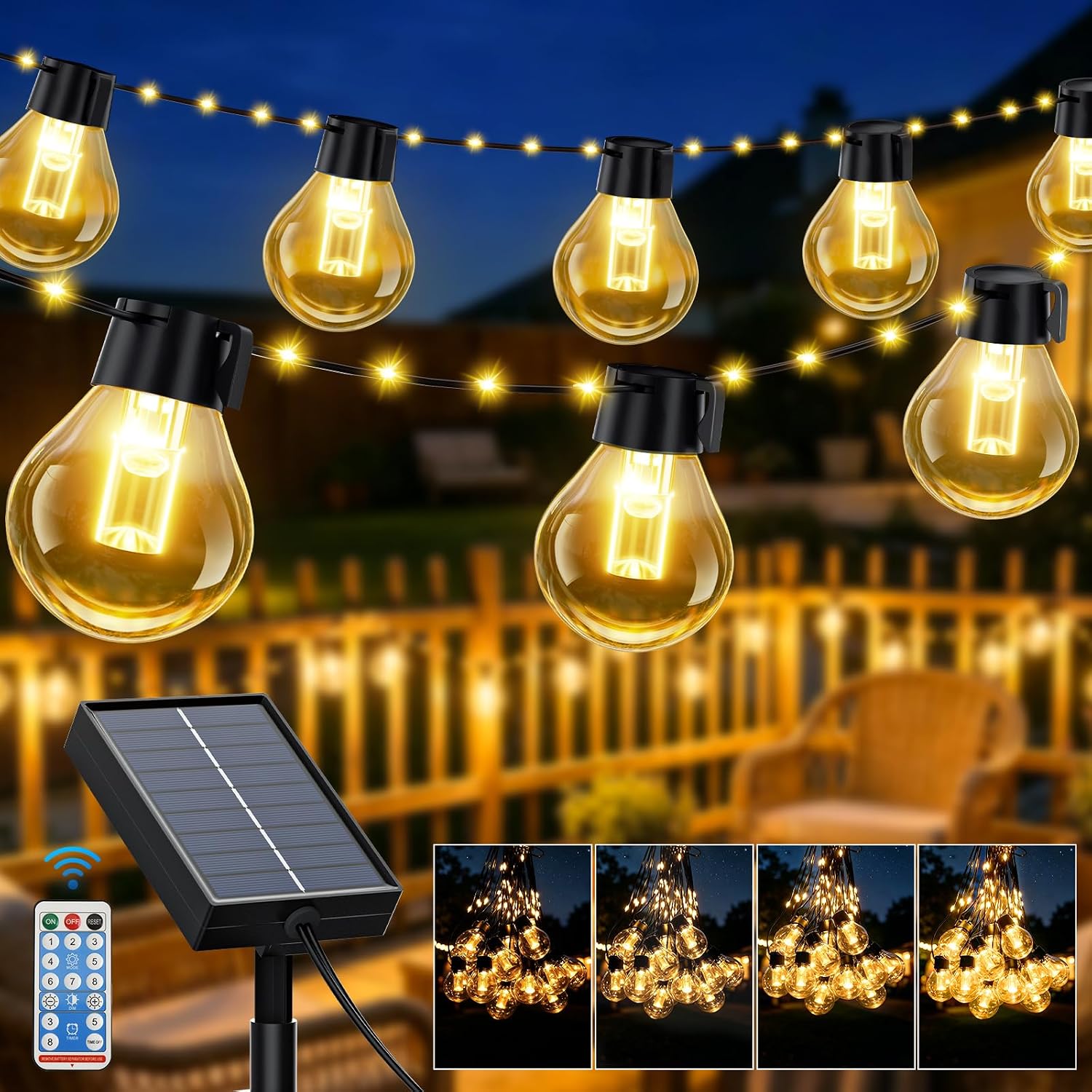 Detalle de Solar Lichterkette Outdoor 10 m mit 100 LEDs – 8 Modi, Fernbedienung, IP44