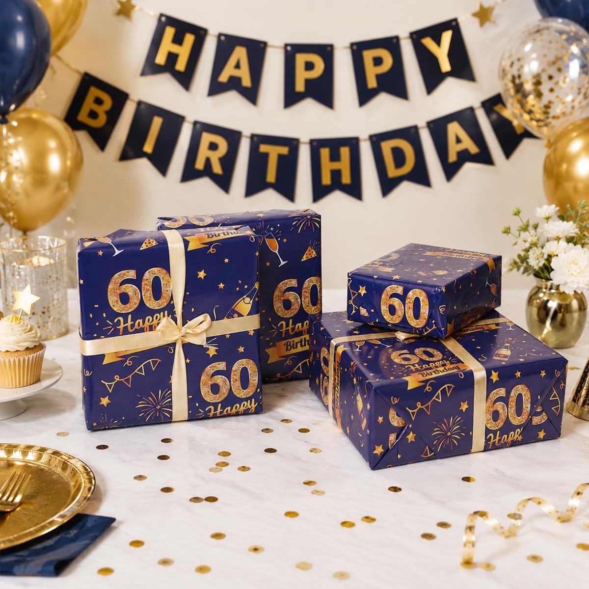 Detalle 2 de 60th Birthday Wrapping Paper Set with Tags & Ribbons (Blue & Gold)