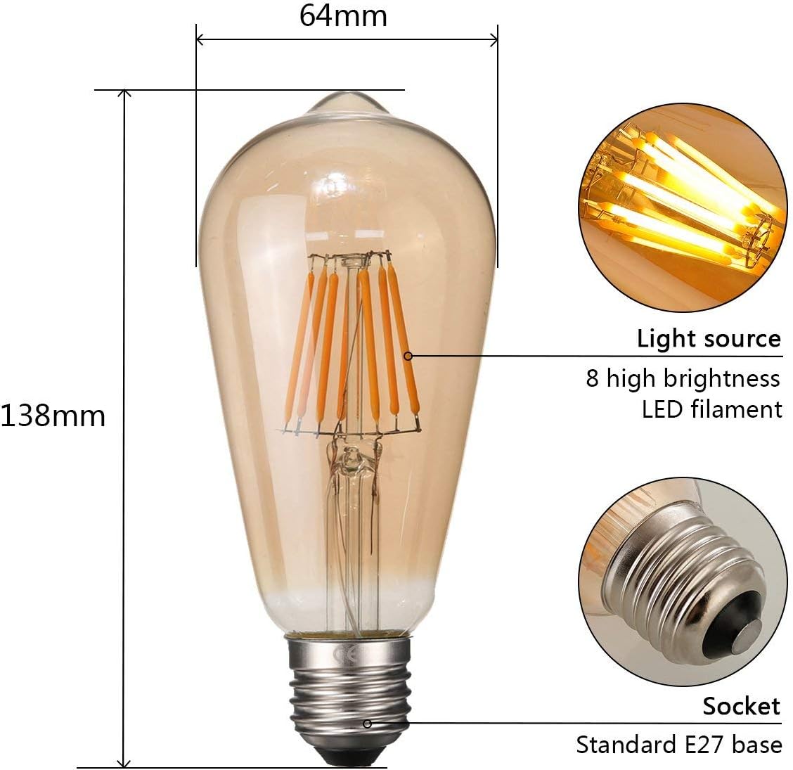 Detalle de NUODIFAN Edison Vintage dimmbar LED-Glühbirne E27, 3er-Set (8 W, 800 lm, warmweiß)