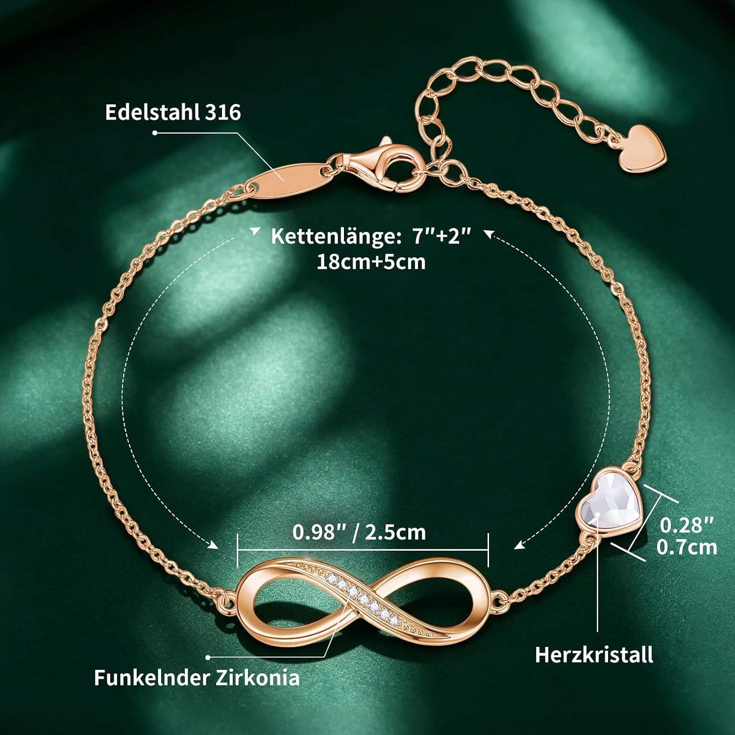 Detalle de Infinity Armband Damen 925 Sterling Silber Rosegold – Unendlichkeit Herz Charm, verstellbar