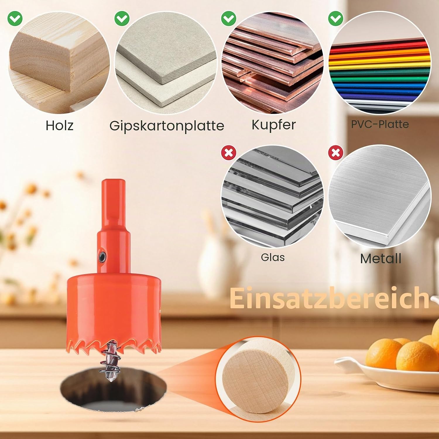 Detalle de Lochsäge 75 mm Orange – M42 HSS Bi-Metall Lochsäge für Holz, Trockenbau und Dünnblech