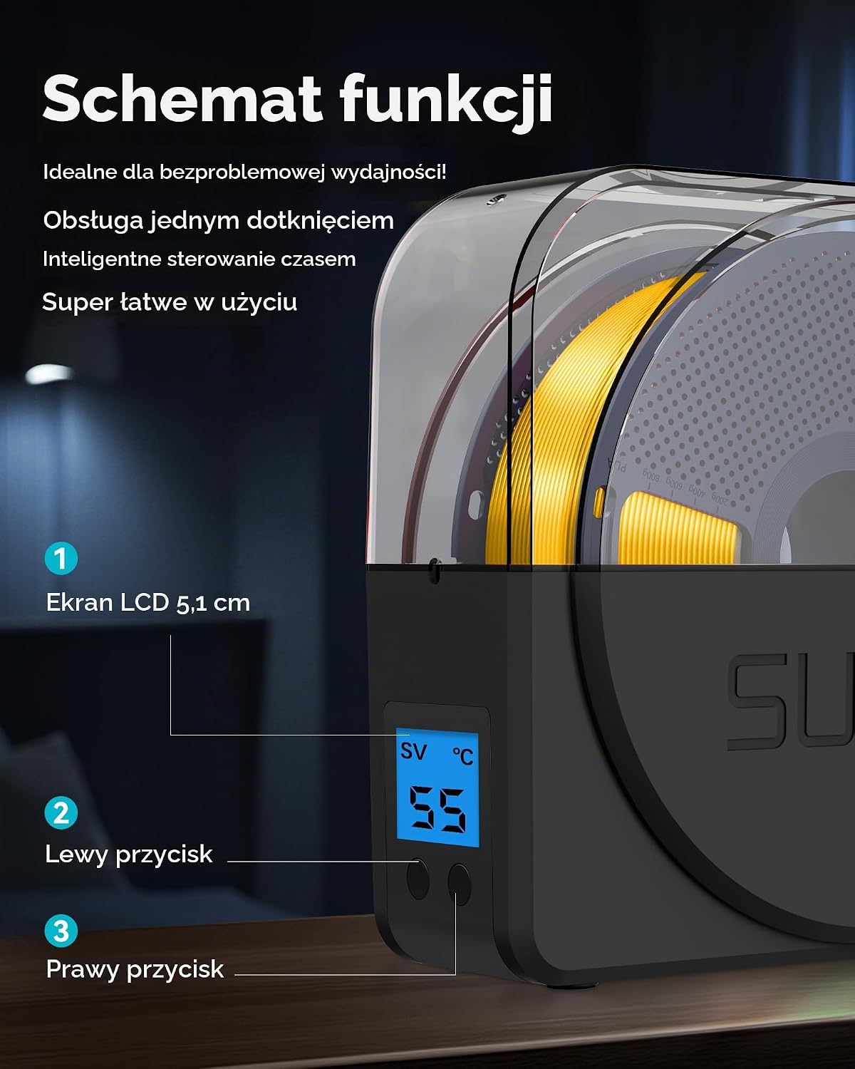 Detalle de SUNLU S1 suszarka do filamentu 3D z regulacją temperatury i czasu