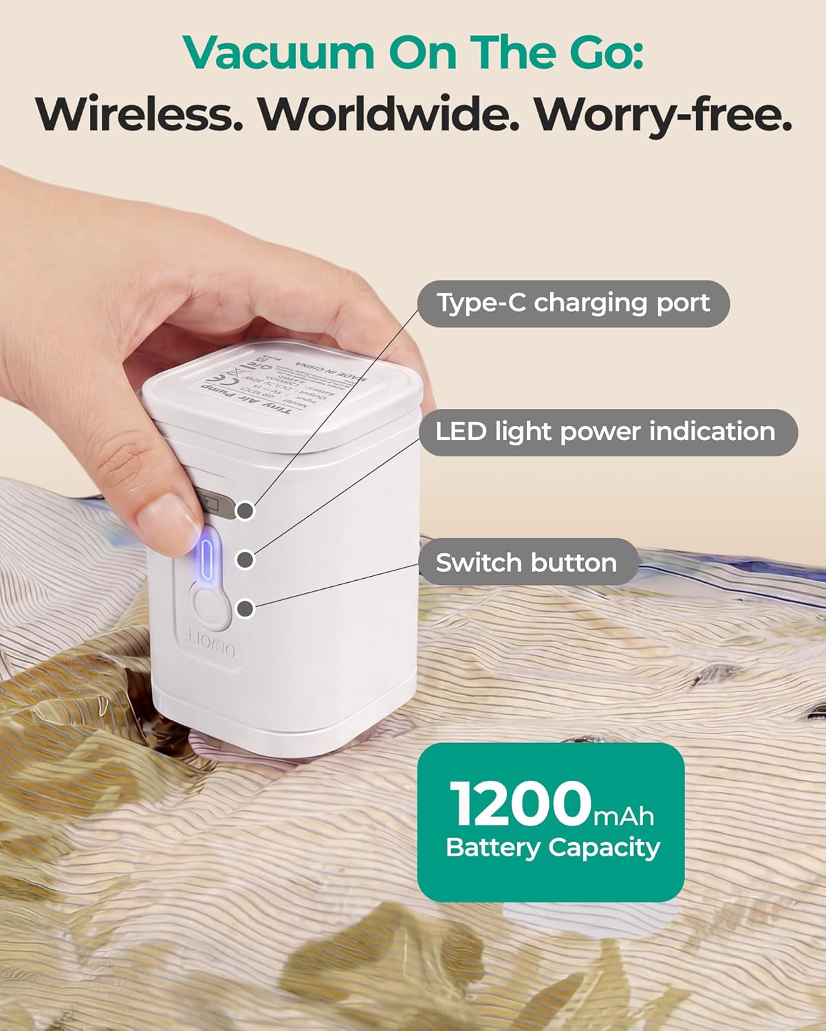Detalle 2 de BAGSMART vacuum storage bags with wireless electric pump (18-pack) for travel, home and space-saving storage