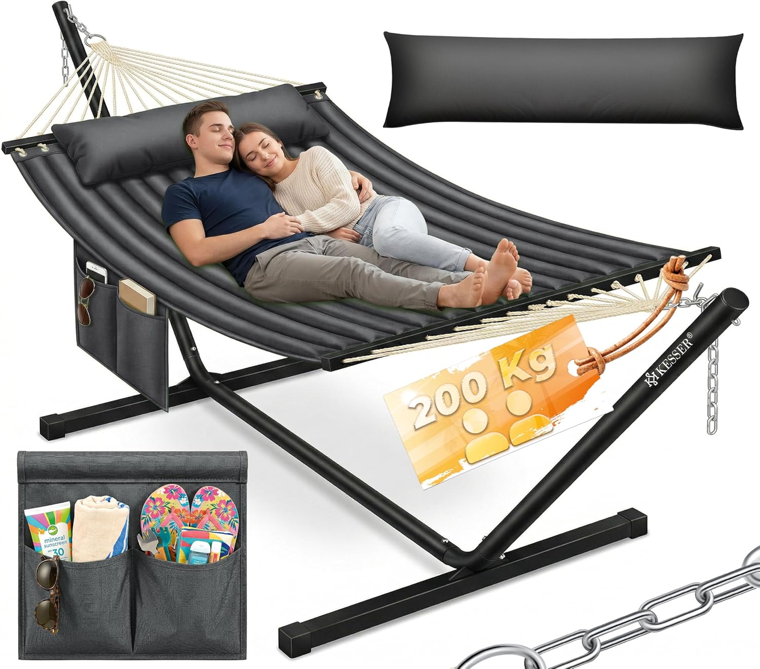 KESSER® Hängematte Hill mit Gestell, Kissen & Doppel-Hängesessel für 2 Personen (bis 200 kg), Anthrazit