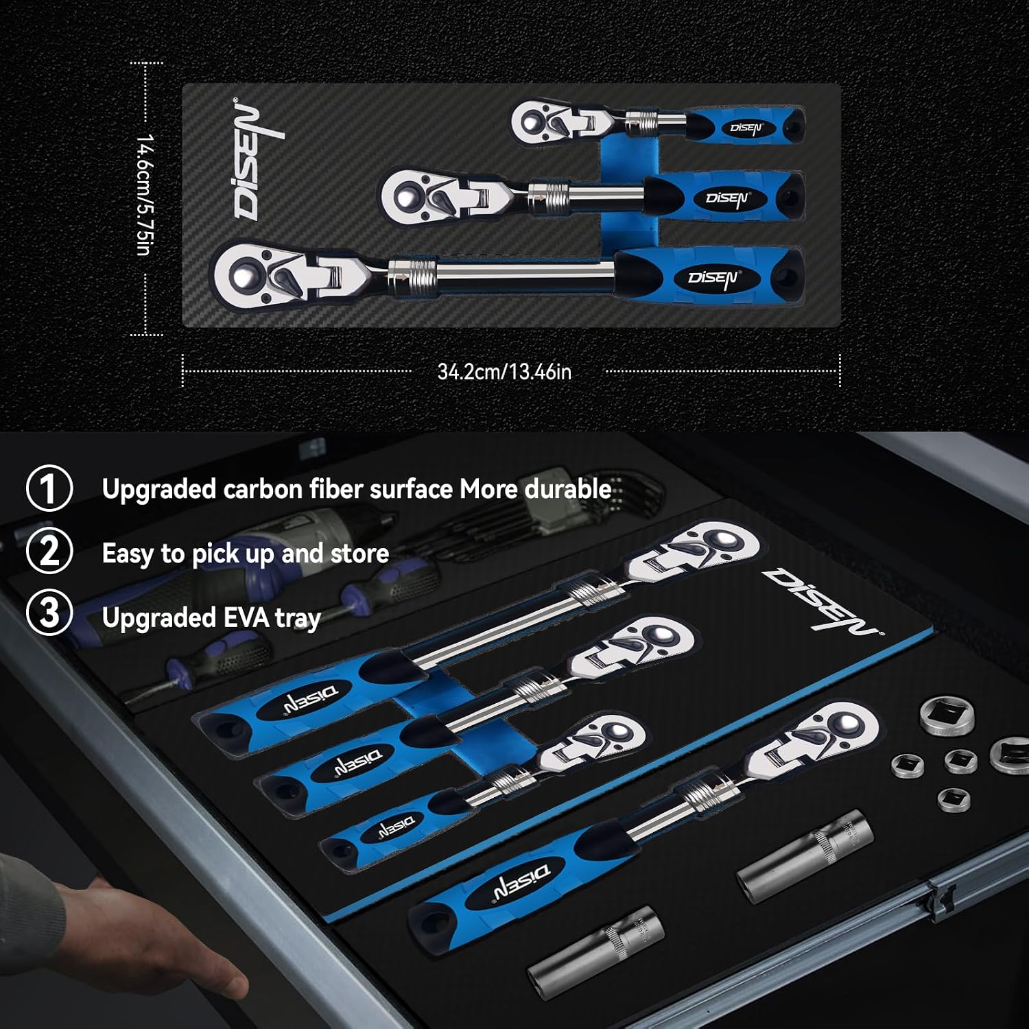 Thumbnail 6 de DISEN DISEN-3HDTJLB Extendable Flex-Head Ratchet Wrench Set, 3-Piece, 72-Tooth