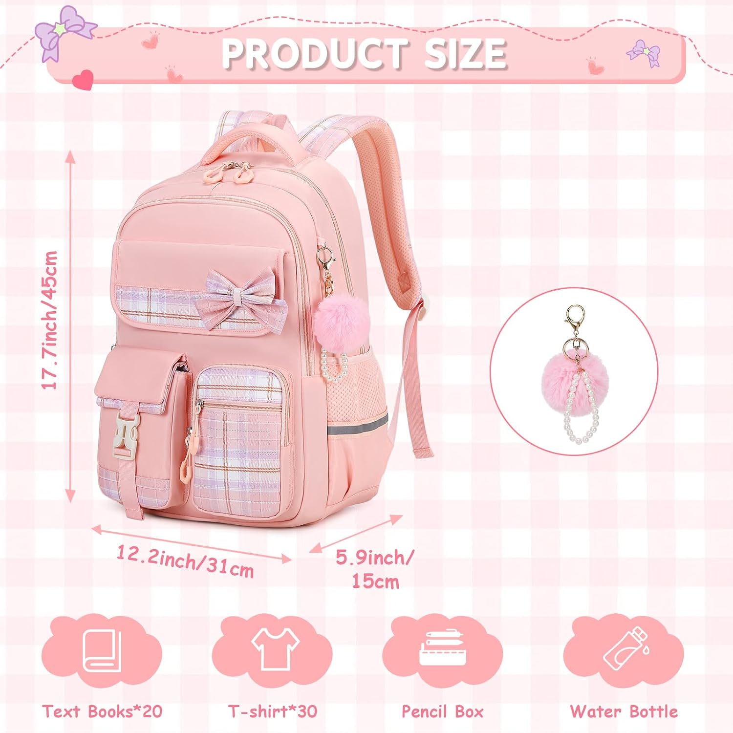 Detalle de QIXIHU Girls Backpack: Plaid School Bag with Pencil Case for Young Students