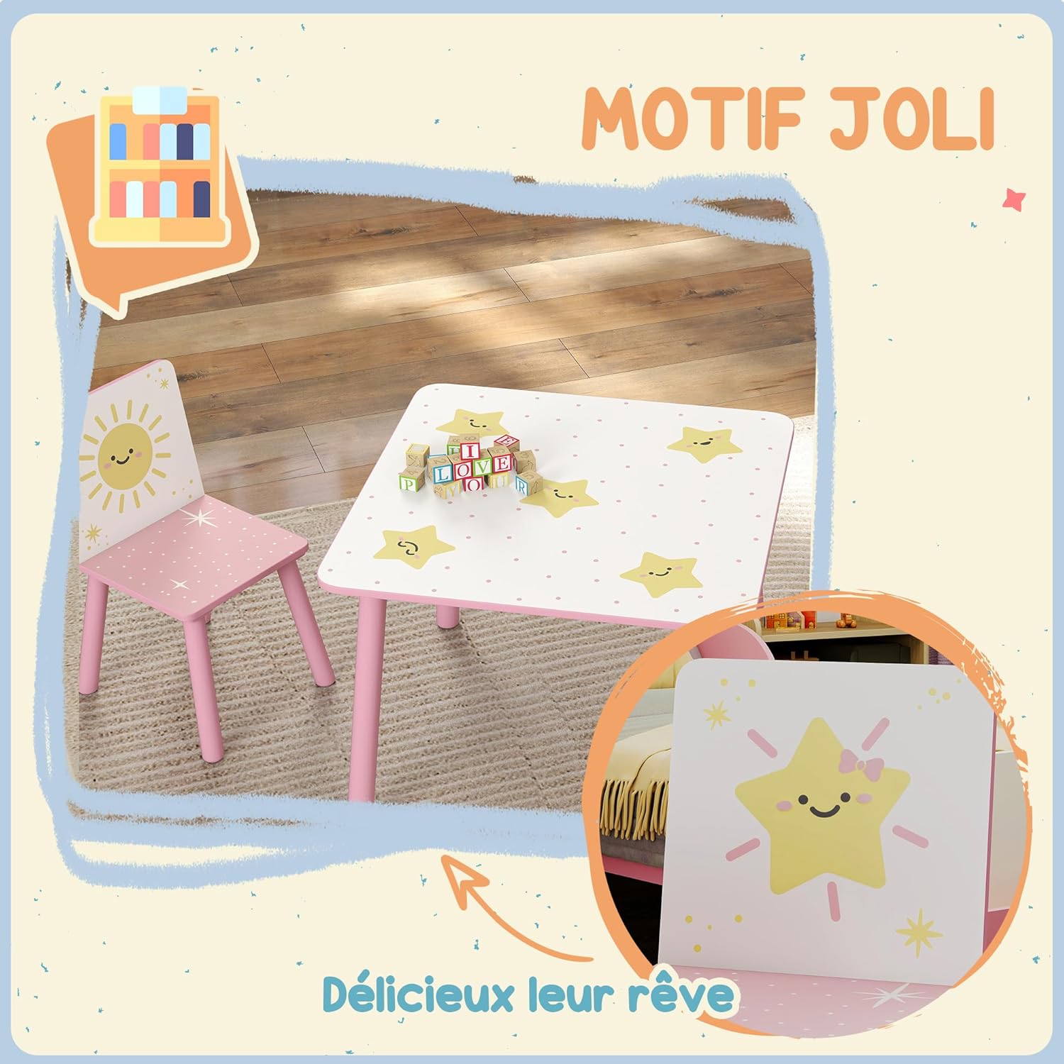 Detalle de AIYAPLAY Table enfant avec 2 chaises en bois (ensemble 3 pièces) motifs d’étoiles, rose, 3 à 8 ans