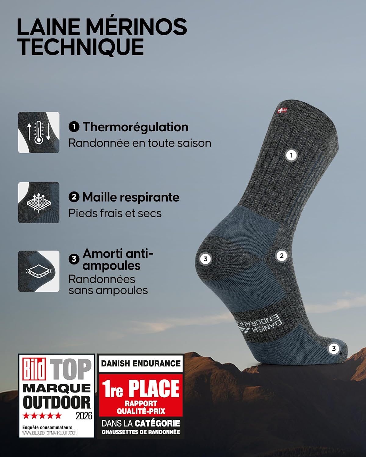 Thumbnail 1 de DANISH ENDURANCE Chaussettes de randonnée en laine mérinos (lot de 2)