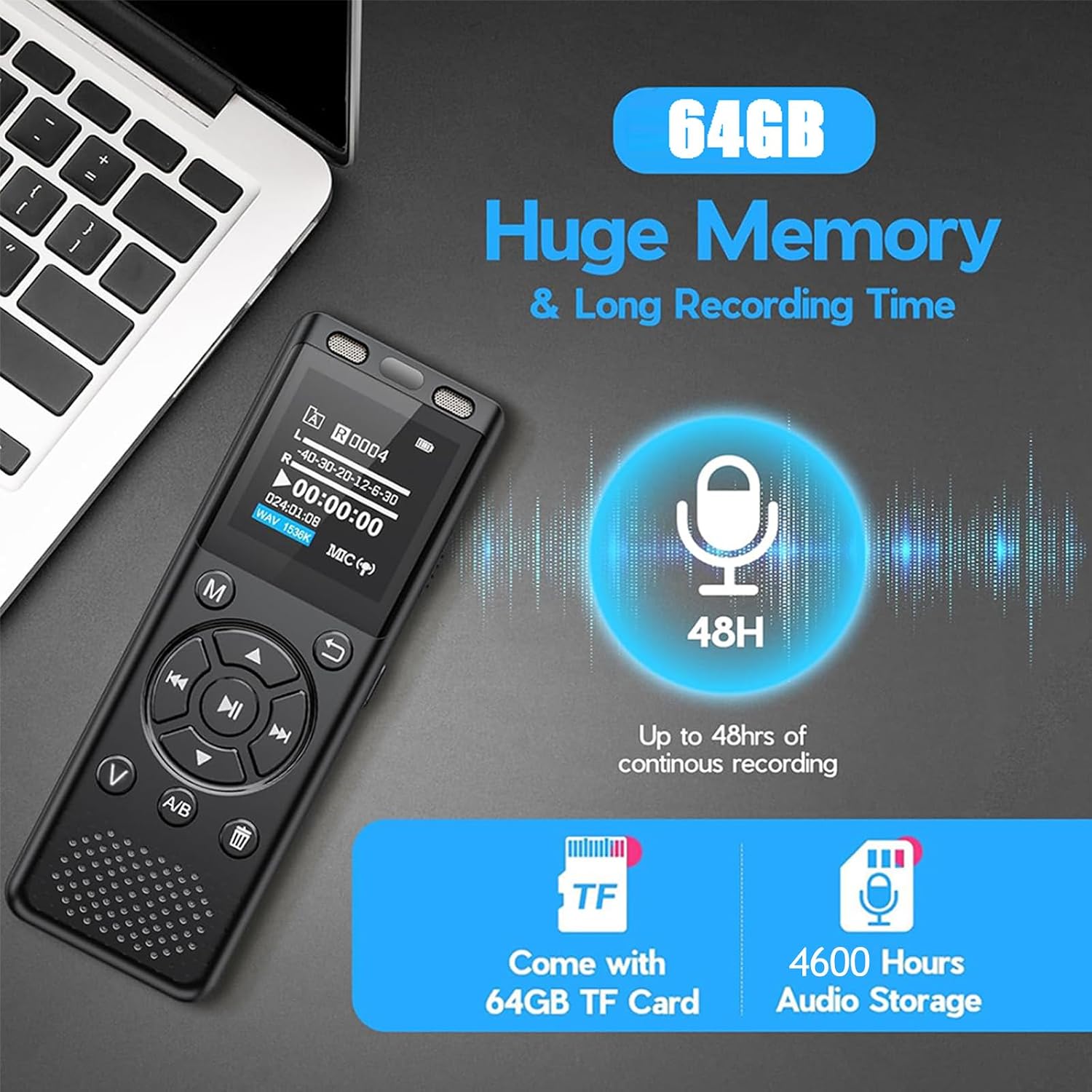 Detalle de Tonfarb A12 Digital Voice Recorder, 64GB, Voice Activation and Playback