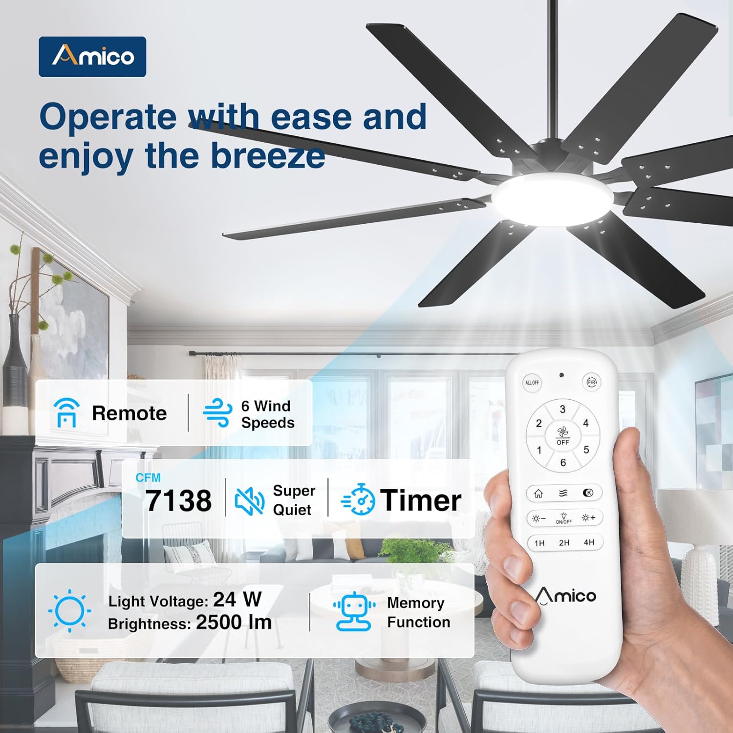 Thumbnail 1 de 72 inch Amico Ceiling Fan with Light
