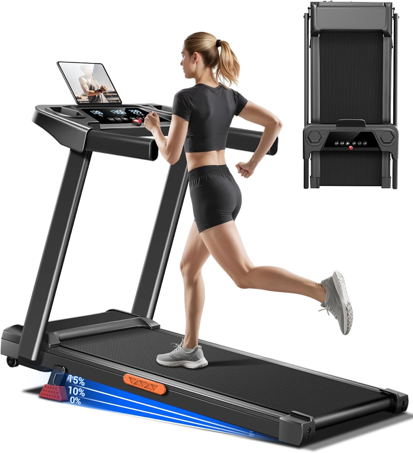 UMAY tapis de course pliable 12 km/h : inclinaison 0%, 10%, 15° et console avec suivi cardio