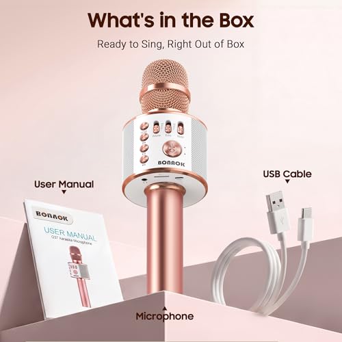 Detalle 2 de BONAOK Wireless Bluetooth Karaoke Microphone (Q37 Rose Gold) – 3-in-1 Portable Mic, Speaker, and Recorder