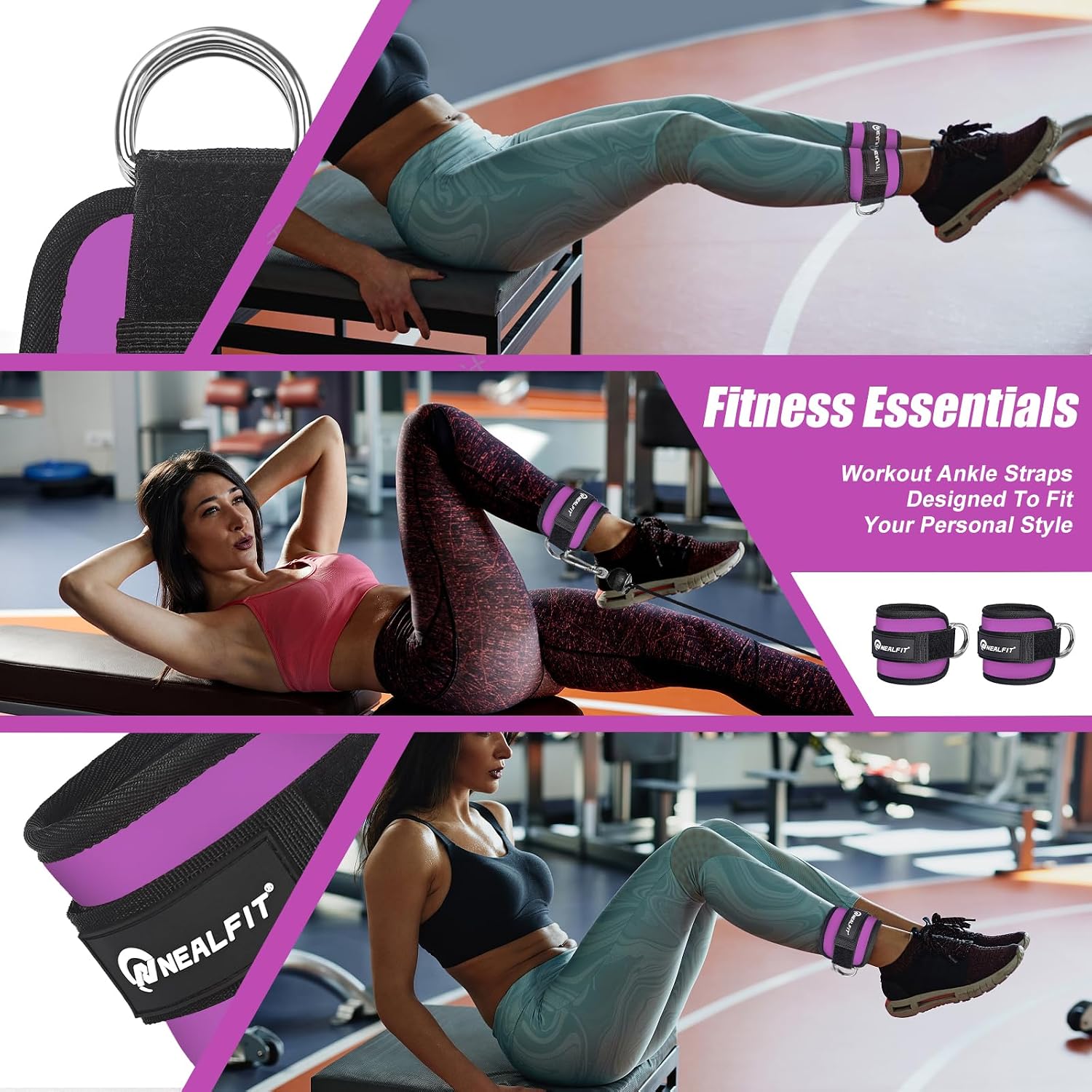 Detalle 1 de NEALFIT Ankle Straps for Cable Machines, 7 mm Neoprene, Purple Pair