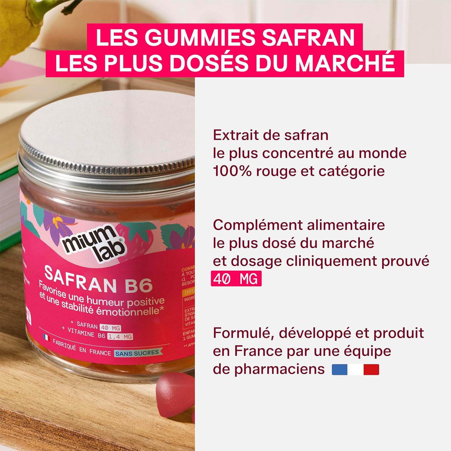 Detalle de Mium Lab Gummies Safran B6 (40 mg) – Complément alimentaire sans sucres, enfants dès 4 ans & adultes