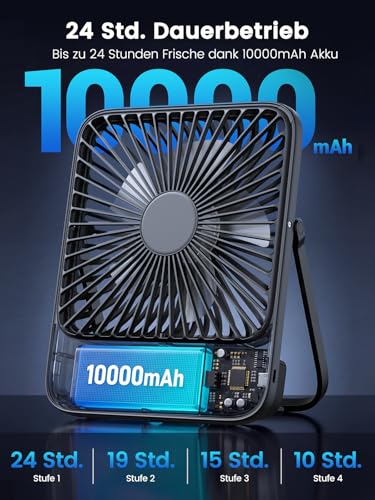 Detalle 2 de Warmco D3 Akku Ventilator 10000mAh – leiser Tischventilator mit USB-C, bis zu 24 Stunden Laufzeit