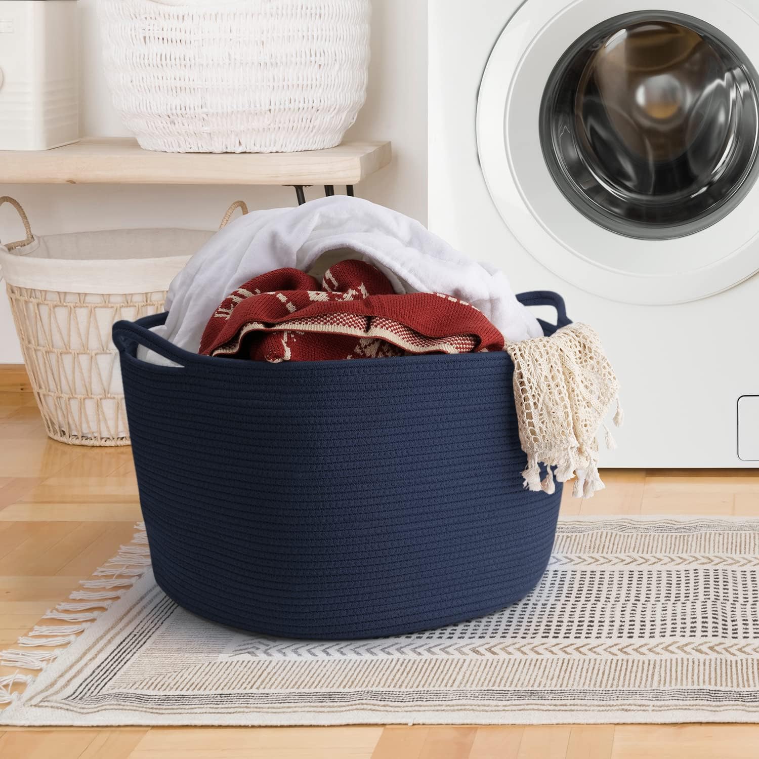Thumbnail 6 de Maliton faltbarer Aufbewahrungskorb für Kleidung & Bettwäsche (D50 x H33 cm) mit 4 Taschen – Baumwollseil, Marineblau