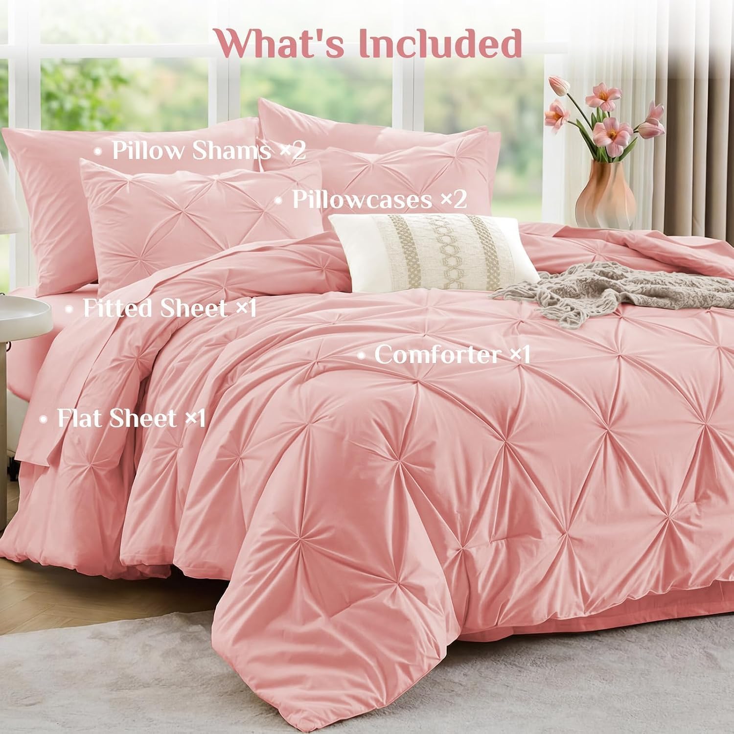 Thumbnail 6 de JOLLYVOGUE Queen Comforter Set (7-Piece) with Pintuck Microfiber Bedding, Pink
